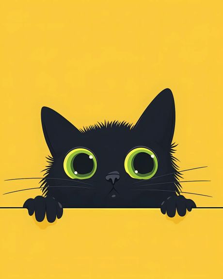 A black cartoon cat with large green eyes peeking over a ledge. The entire background and foreground a bright yellow.
